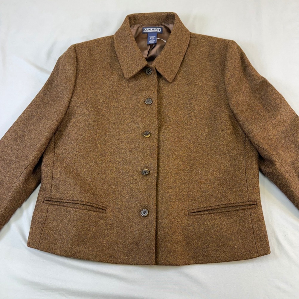 Lands End Women Petite Blazer Jacket Brown Tweed Wool Blend Button Front Size 14 - Picture 15 of 16
